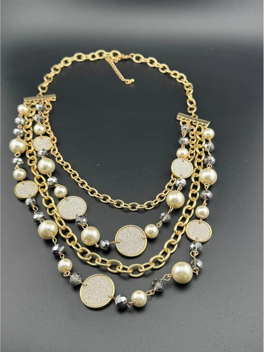 Multi-Strand Gold Tone Necklace with Pearl and Bead-